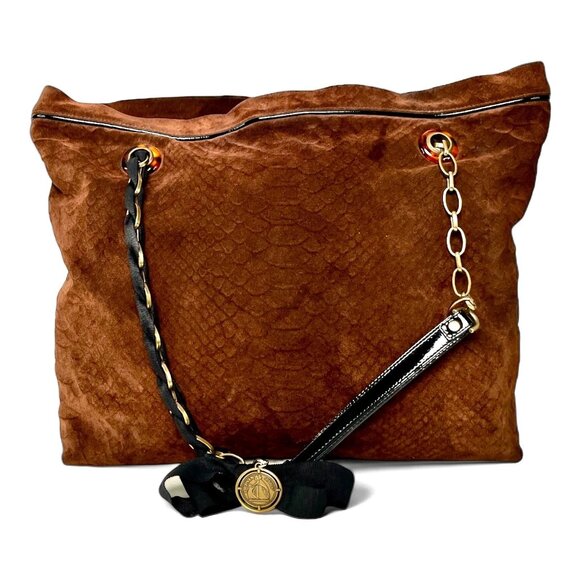 LANVIN "Amalia" Python Print Brown Suede Bucket Shoulder Bag made in Italy 13" H - Picture 2 of 16